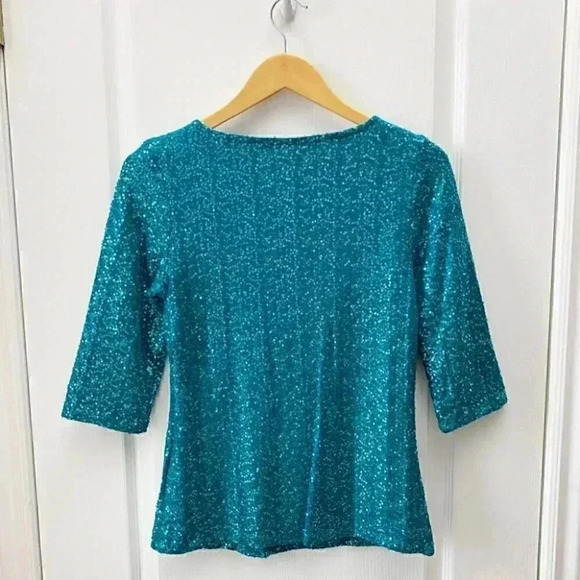 Reitman’s Sparkly Sequin Dressy Top  Scoop Neck 3/4 Bracelet Sleeve Teal XS NEW - Picture 7 of 16